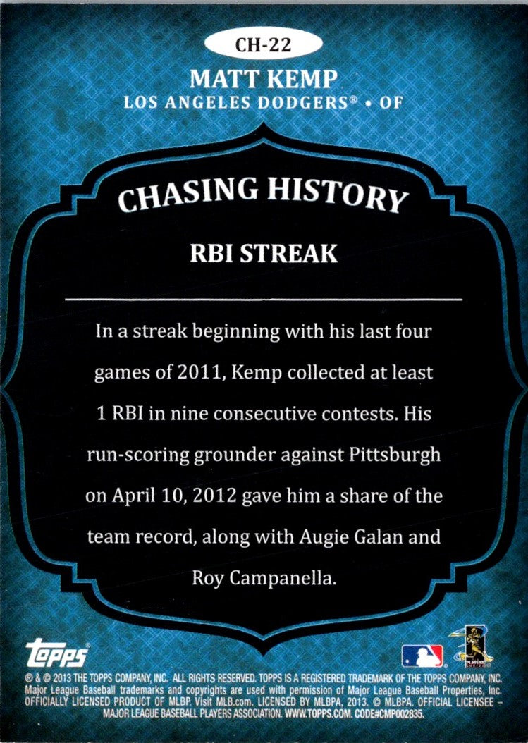 2013 Topps Chasing History Matt Kemp