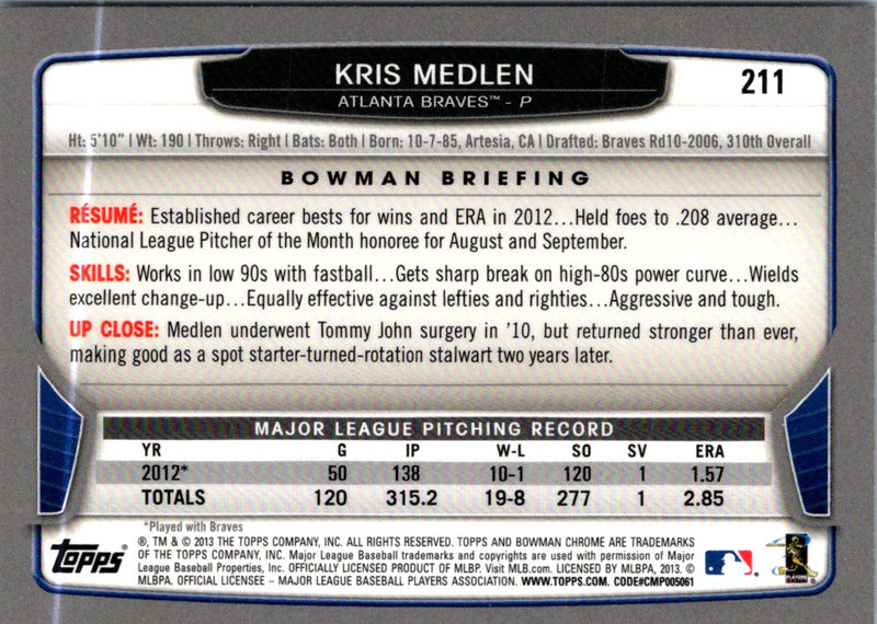 2013 Bowman Chrome Kris Medlen