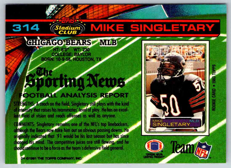 1991 Topps Stadium Club Football Mike Singletary