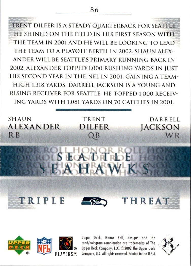 2002 Upper Deck Honor Roll Shaun Alexander/Trent Dilfer/Darrell Jackson