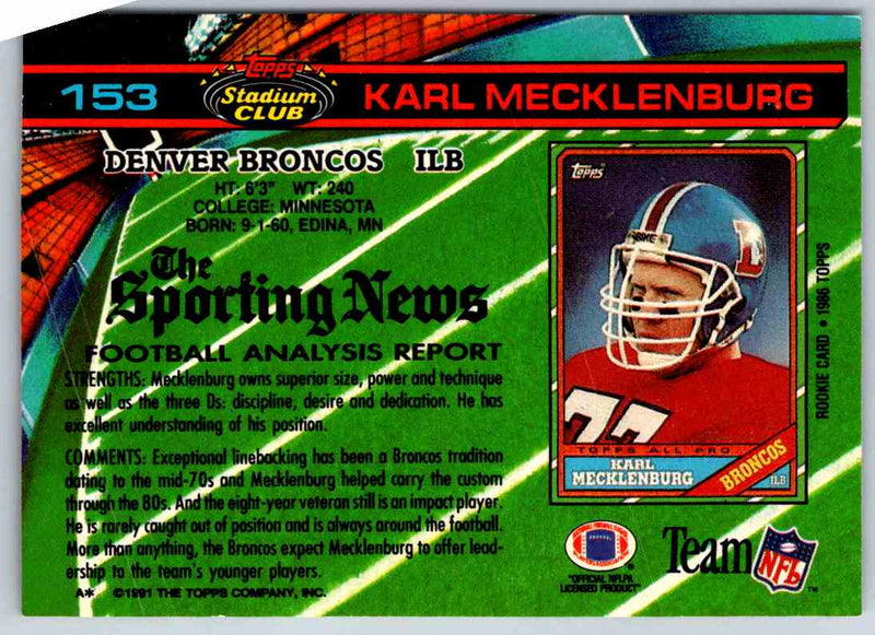 1994 Topps Stadium Club Football Karl Mecklenburg