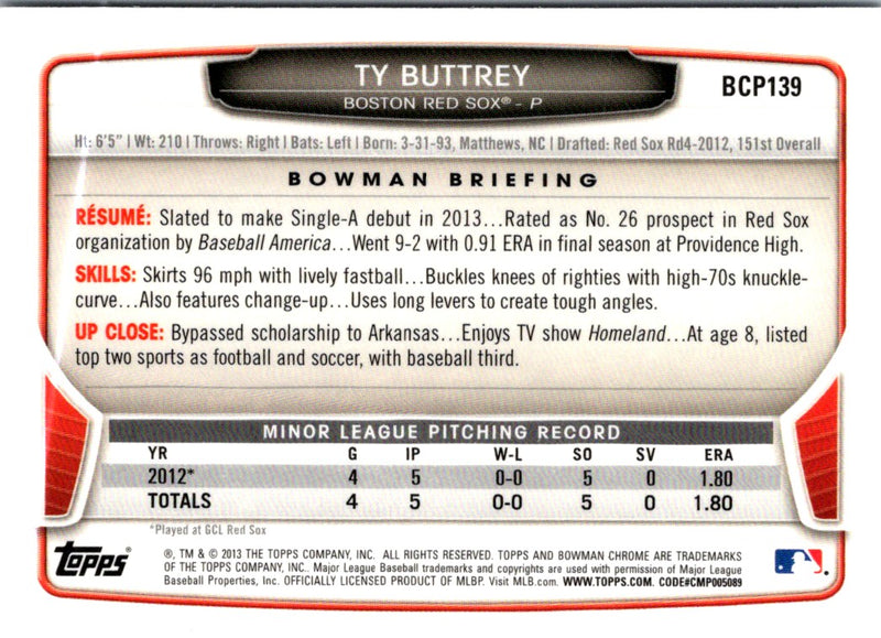 2013 Bowman Chrome Prospects Ty Buttrey