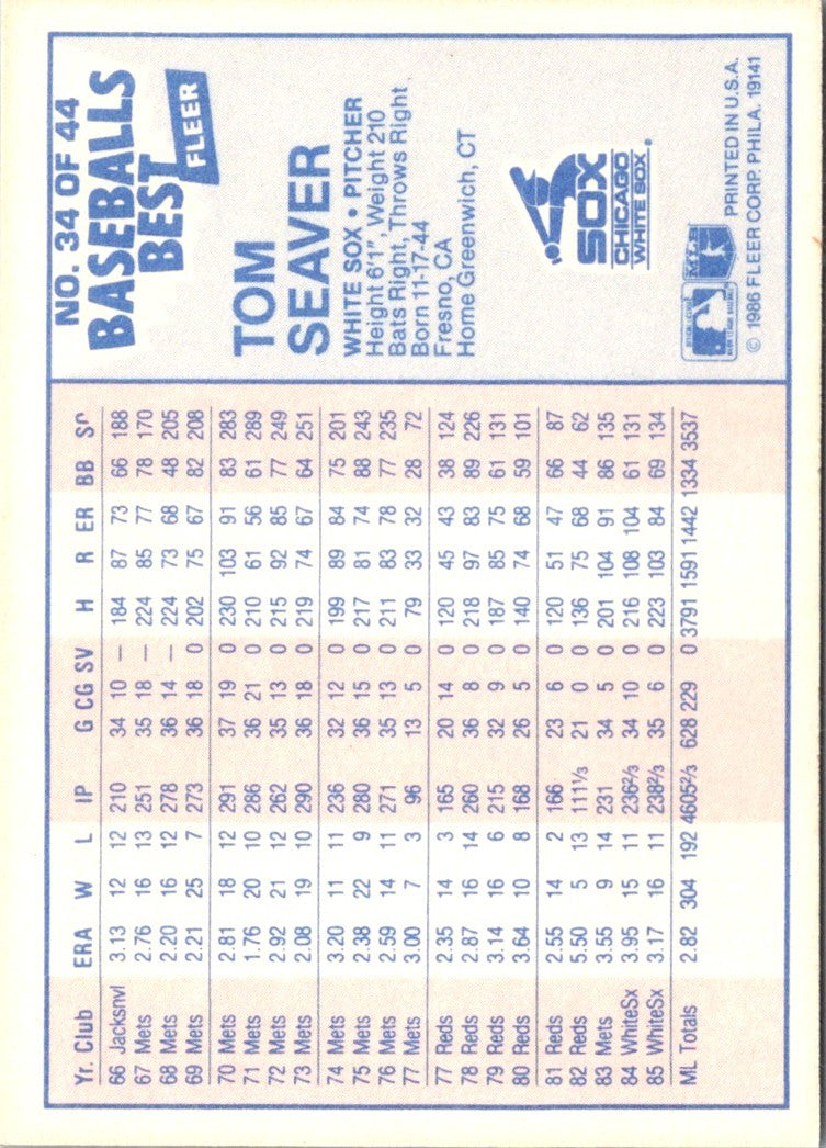 1986 Fleer Baseball's Best Sluggers vs. Pitchers Tom Seaver
