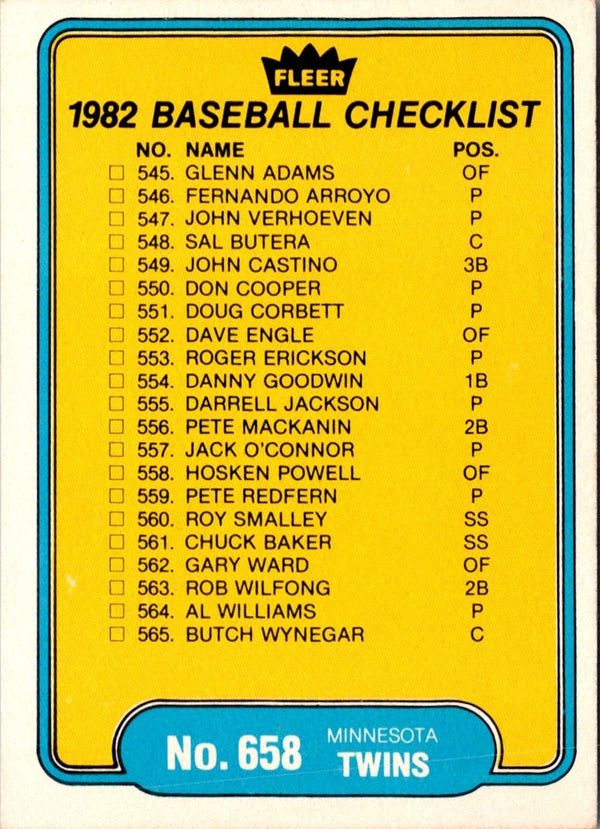 1982 Fleer Checklist: Twins/Padres #658