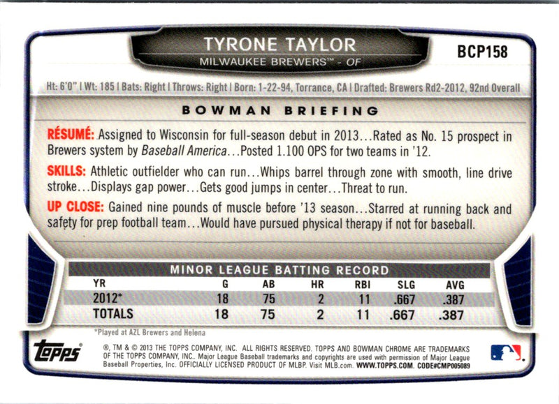 2013 Bowman Chrome Prospects Blue Wave Refractors Tyrone Taylor