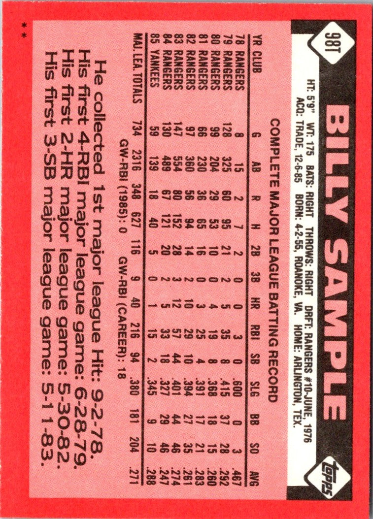 1986 Topps Traded Billy Sample