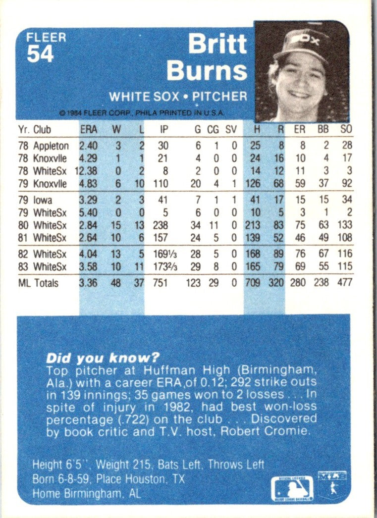 1984 Fleer Britt Burns