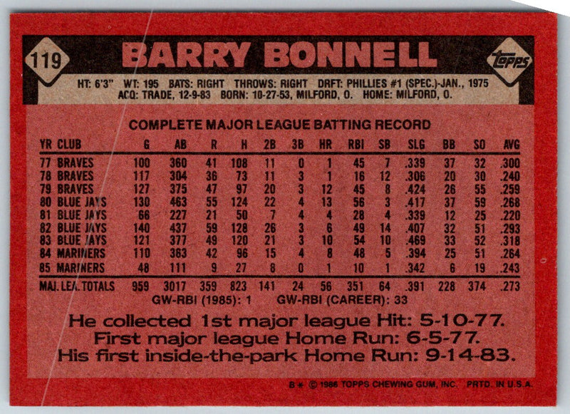 1986 Topps Barry Bonnell
