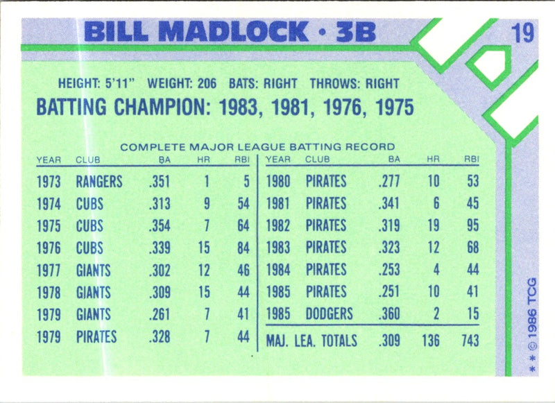 1986 Topps Baseball Champion Superstars Bill Madlock