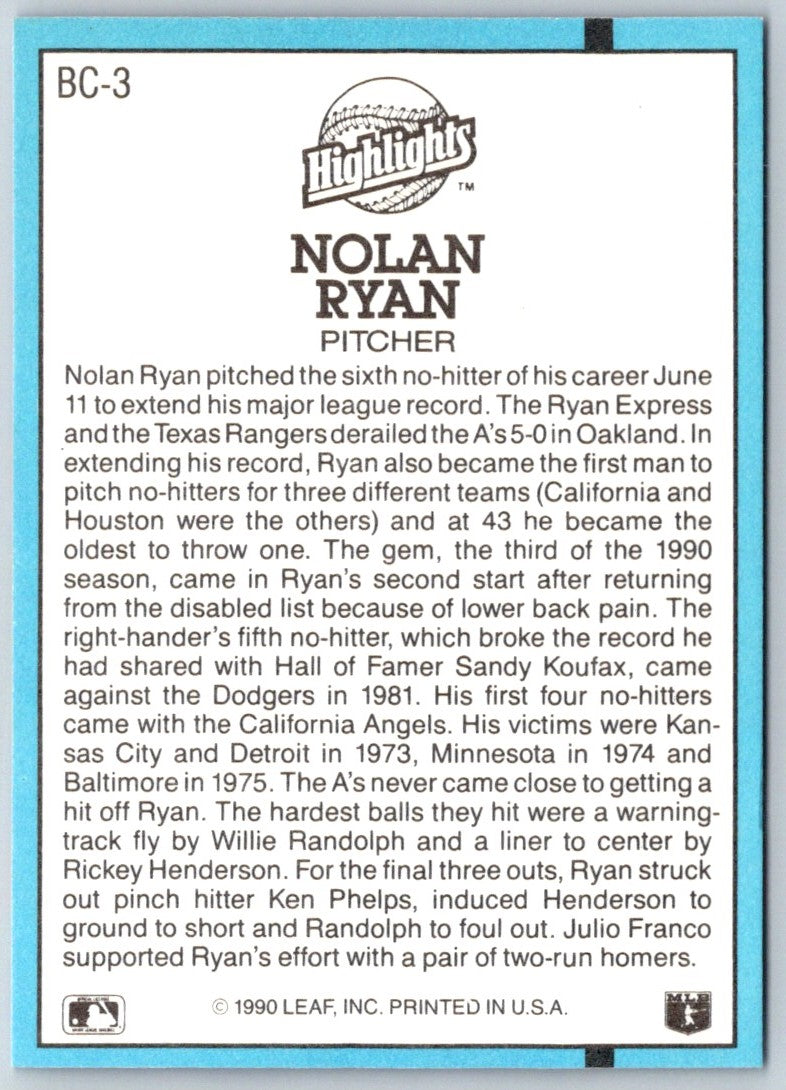 1991 Donruss Bonus Cards Nolan Ryan