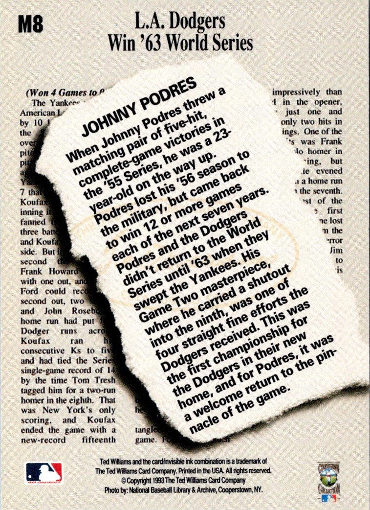 1993 Ted Williams Memories Johnny Podres