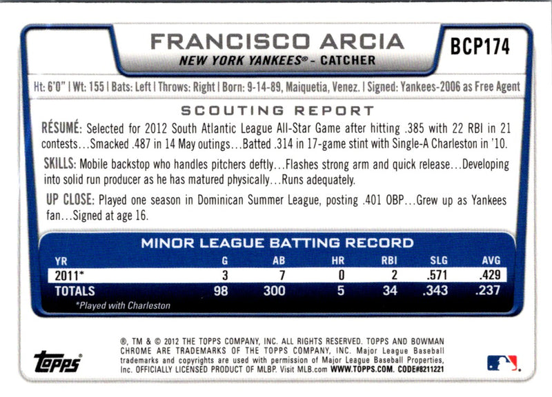 2012 Bowman Chrome Prospects Francisco Arcia