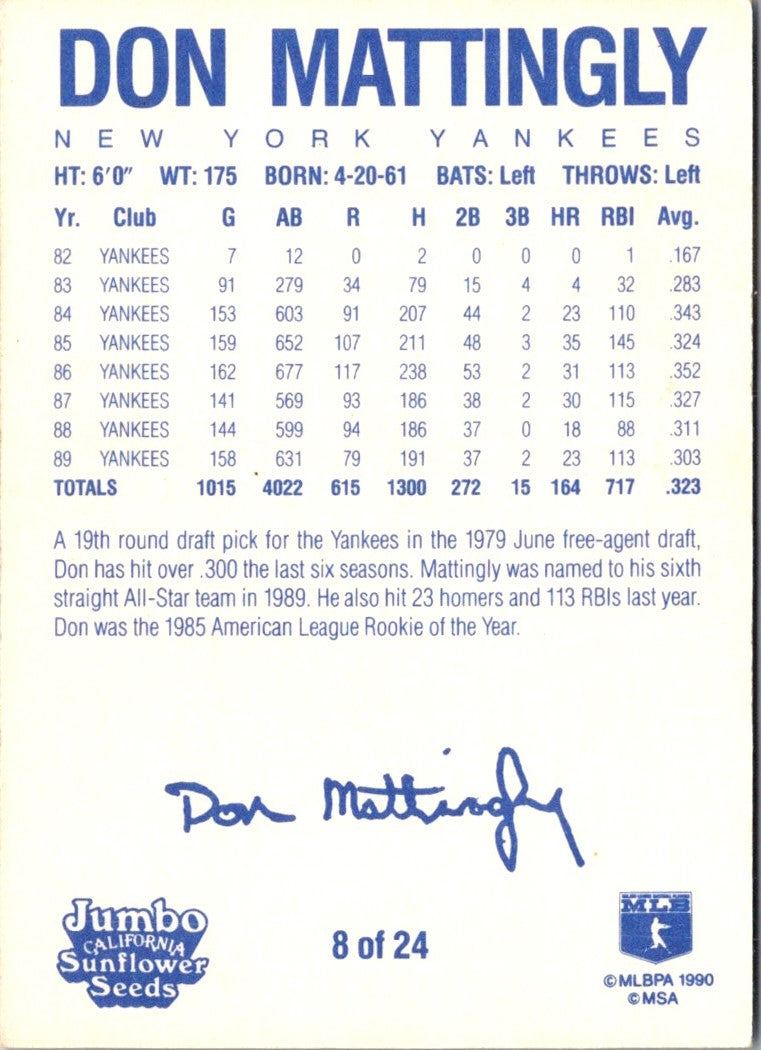 1990 Jumbo California Sunflower Seeds Don Mattingly