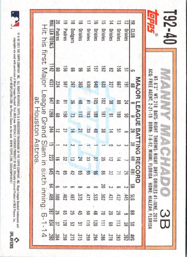 2021 Topps Update 1992 Redux Manny Machado #T92-40