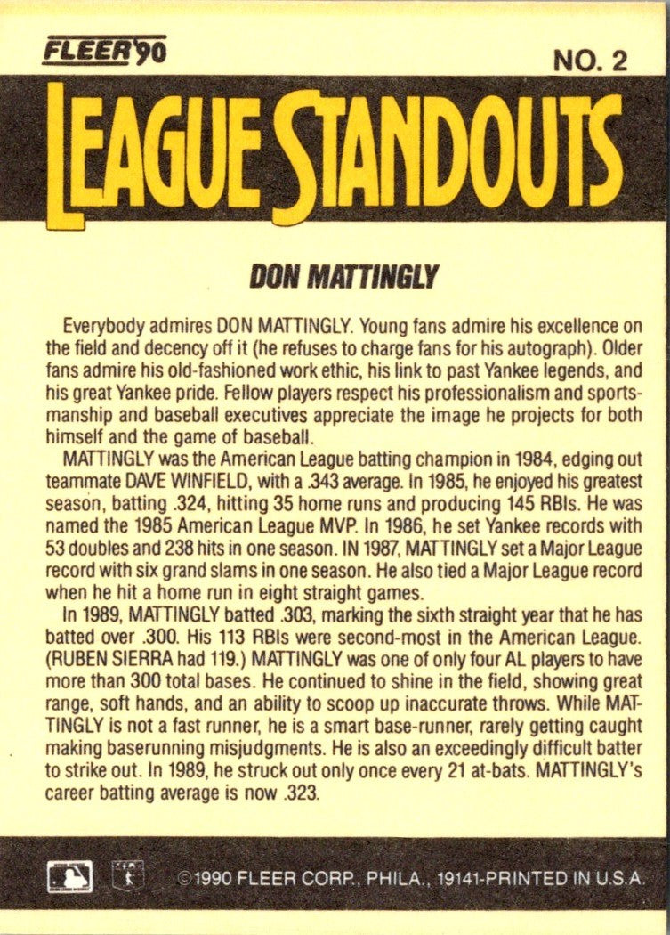 1990 Fleer League Standouts Don Mattingly