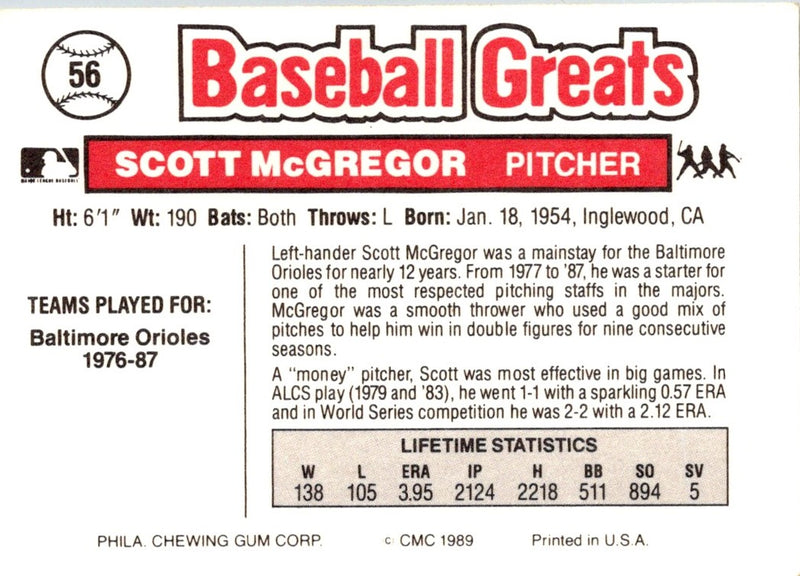 1989 Swell Baseball Greats Scott McGregor