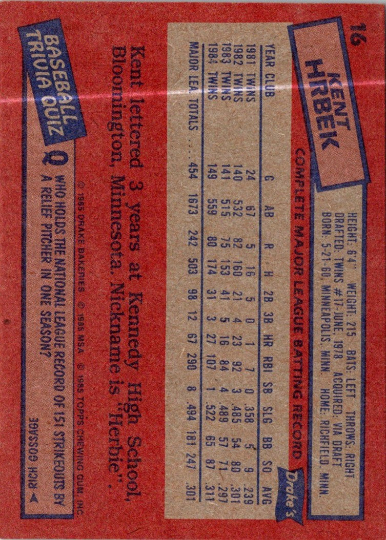 1985 Drake's Big Hitters Kent Hrbek
