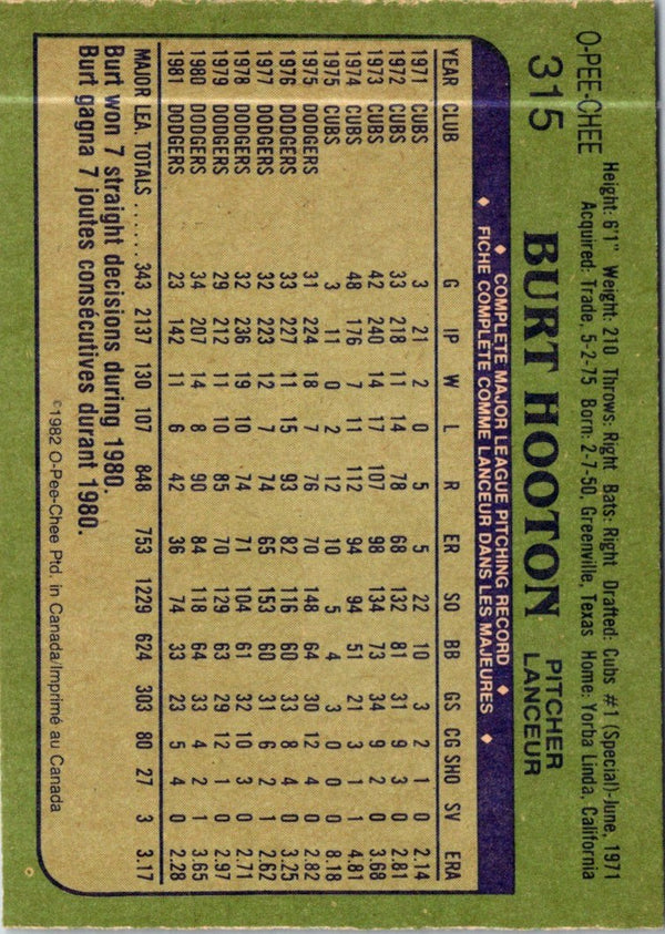 1982 O-Pee-Chee Burt Hooton #315