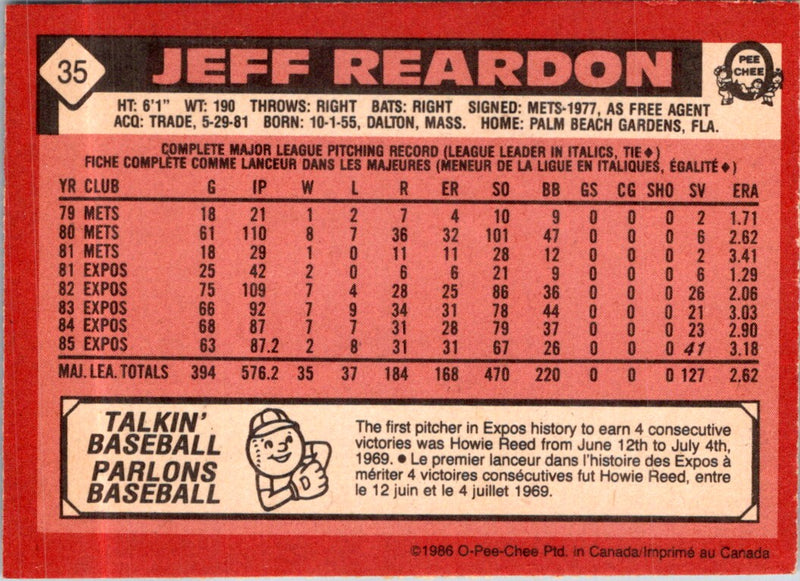 1986 O-Pee-Chee Jeff Reardon