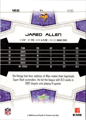 2008 Score Super Bowl XLIII Jared Allen #156