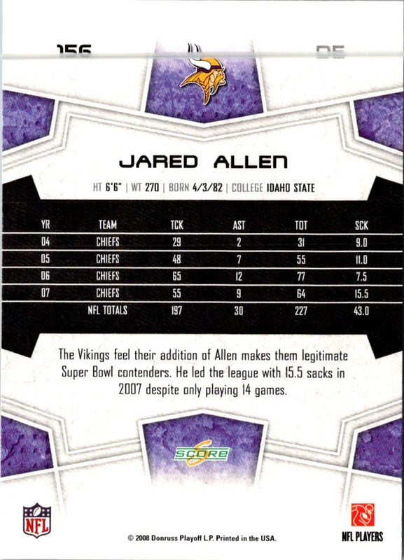 2008 Score Super Bowl XLIII Jared Allen #156