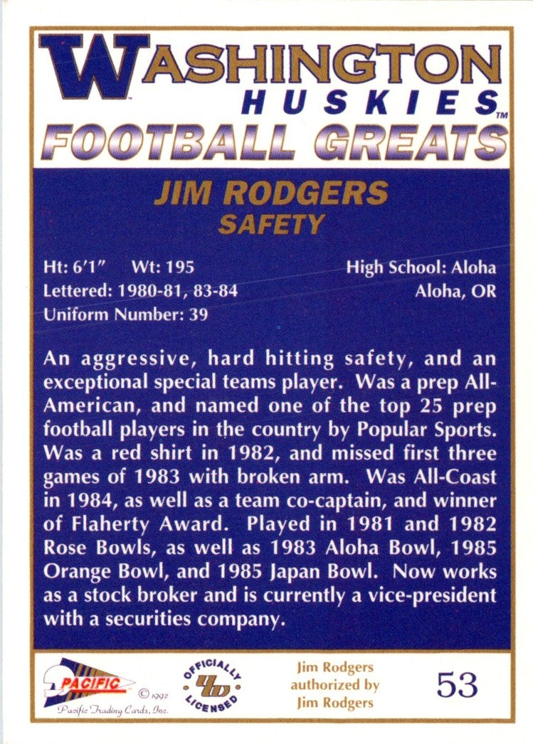 1992 Pacific Greats Washington Huskies Jim Rodgers