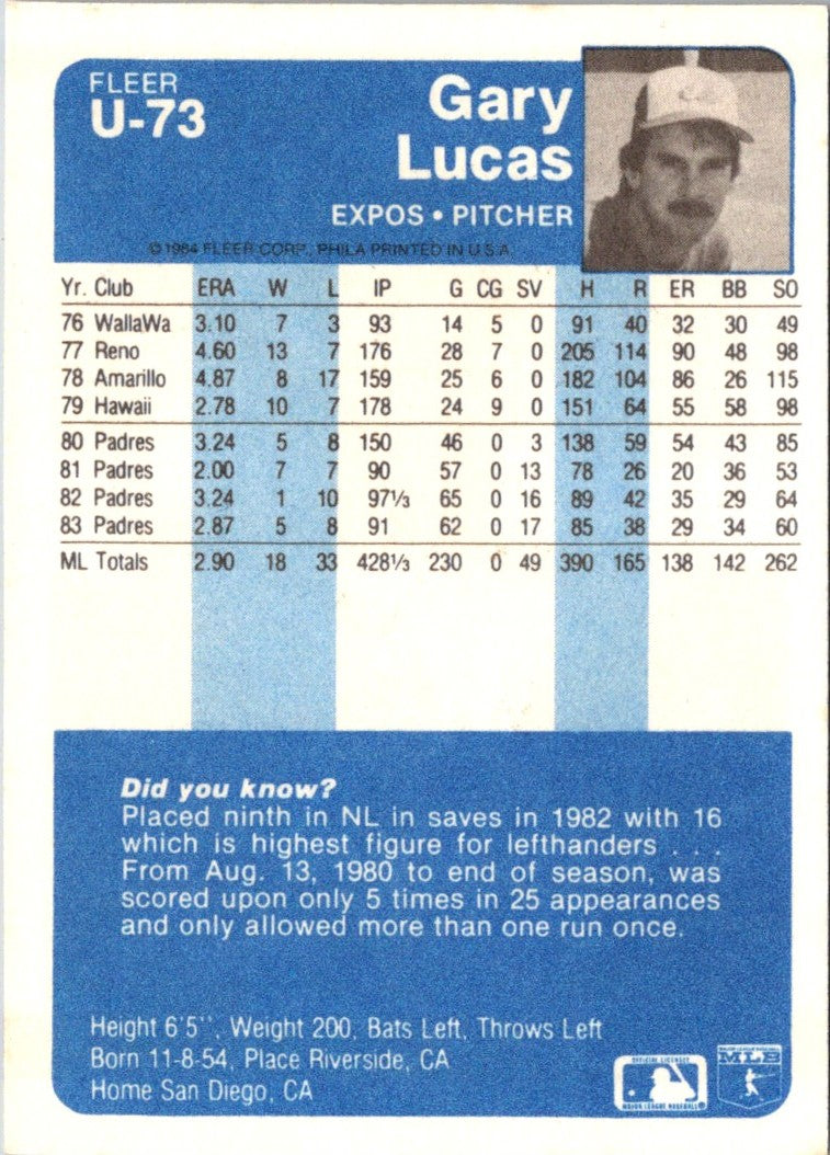 1984 Fleer Update Gary Lucas