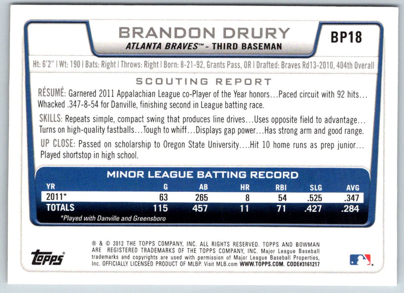 2012 Bowman Prospects Brandon Drury