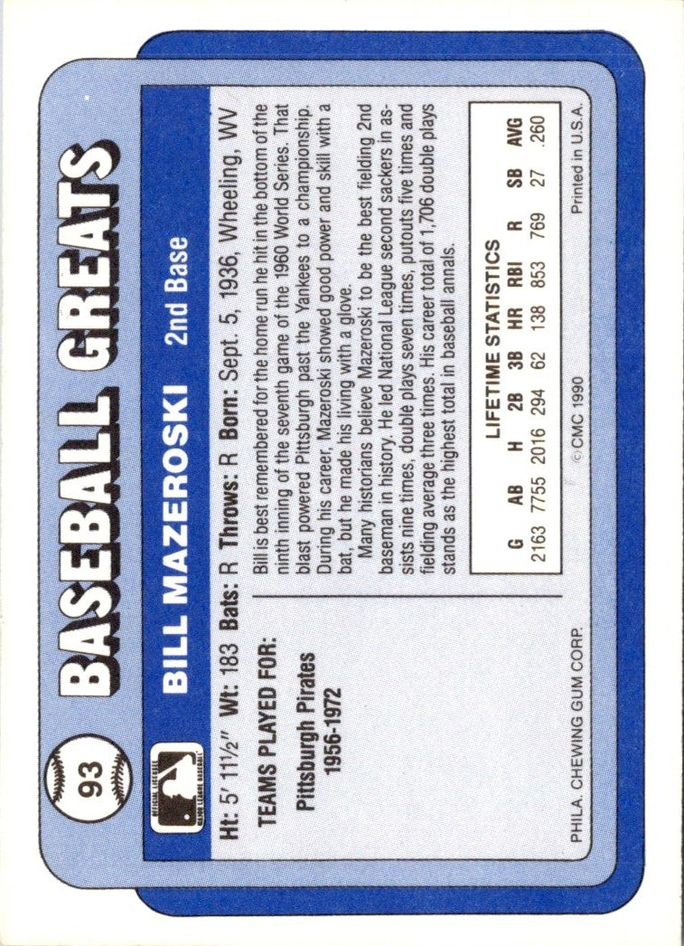 1990 Swell Baseball Greats Bill Mazeroski