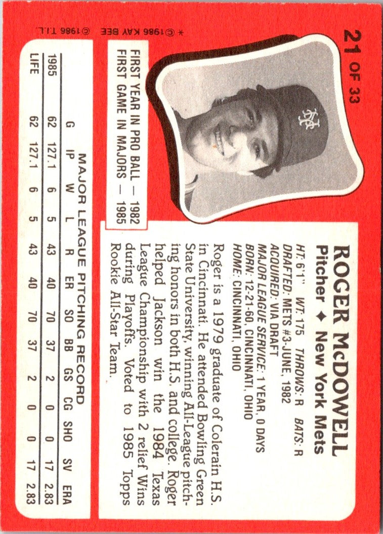 1986 Topps Kay-Bee Young Superstars of Baseball Roger McDowell