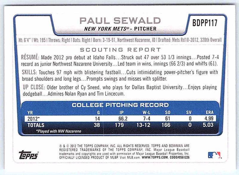 2012 Bowman Paul Sewald