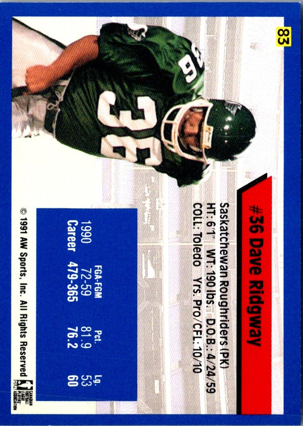 1991 Saskatchewan Roughriders Dave Ridgway #NNO