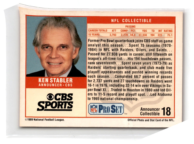 1989 Pro Set Announcers Ken Stabler