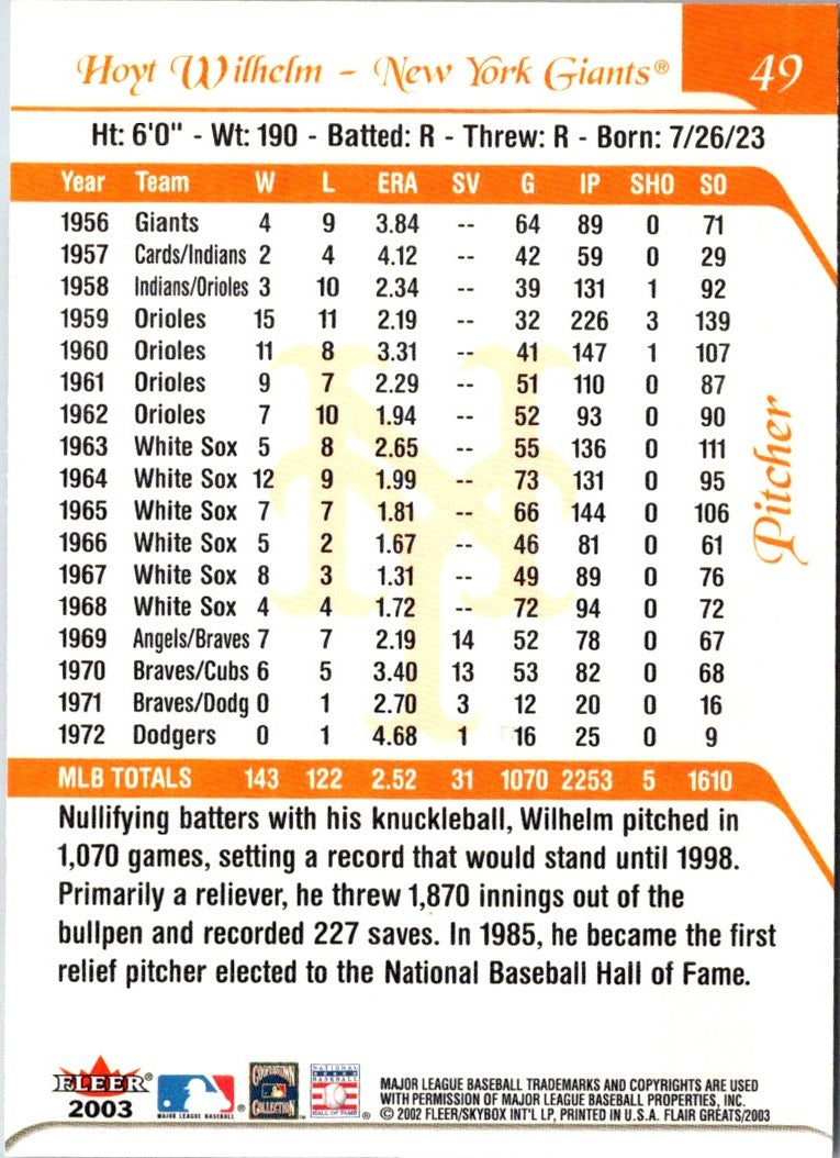 2003 Flair Greats Hoyt Wilhelm