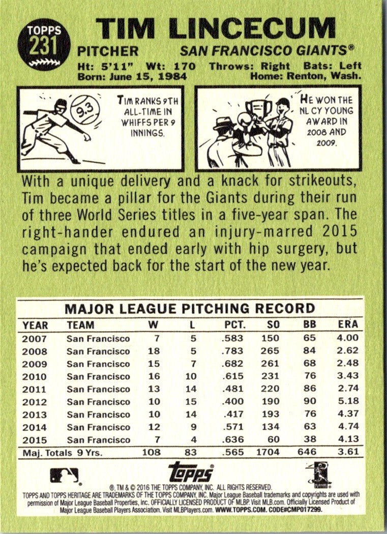 2016 Topps Heritage Tim Lincecum