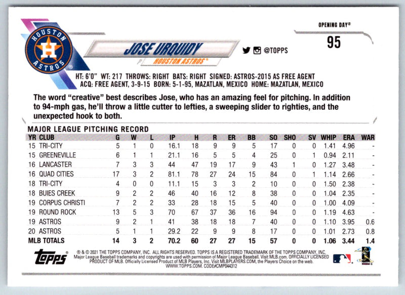 2021 Topps Opening Day Jose Urquidy