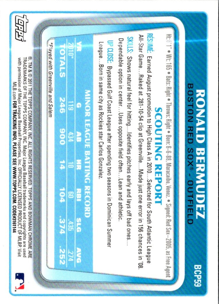 2011 Bowman Chrome Prospects Ronald Bermudez