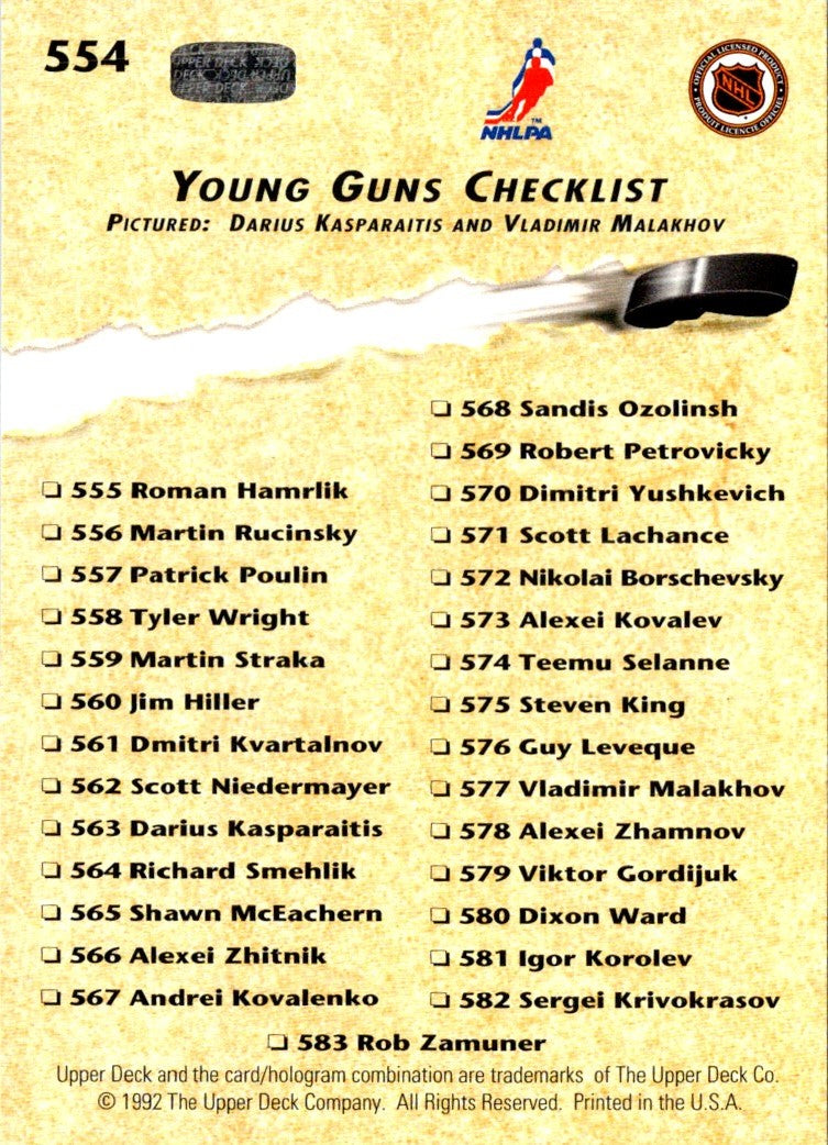 1992 Upper Deck Young Guns Checklist