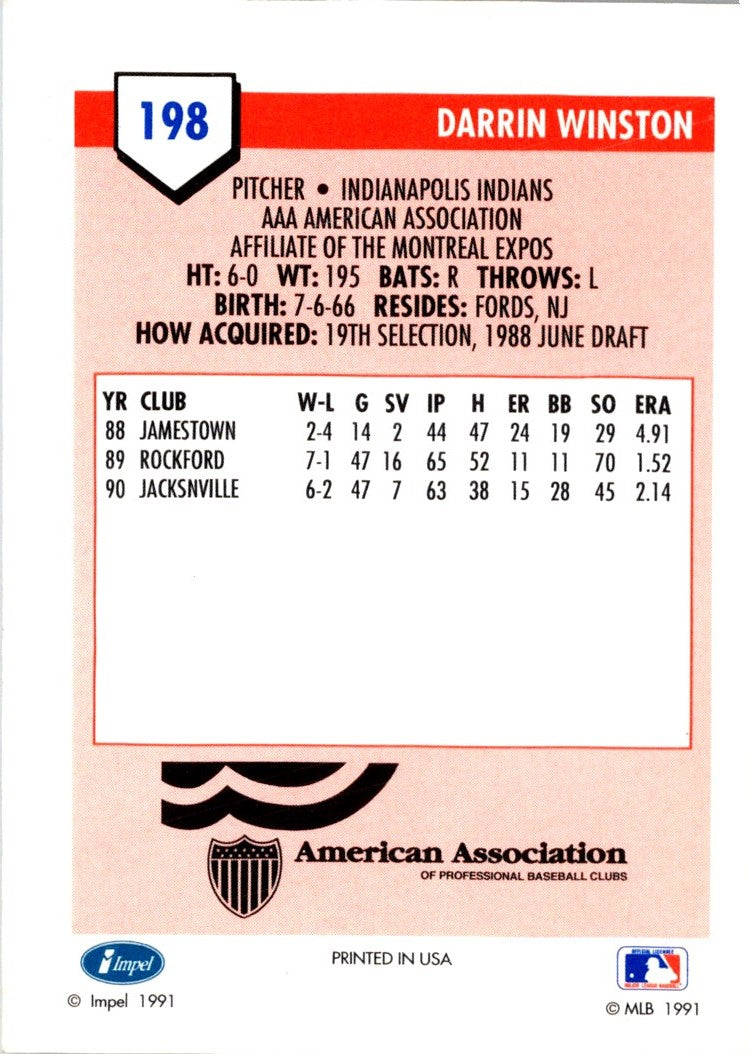 1991 Line Drive AAA Indianapolis Indians Ad Backs Darrin Winston