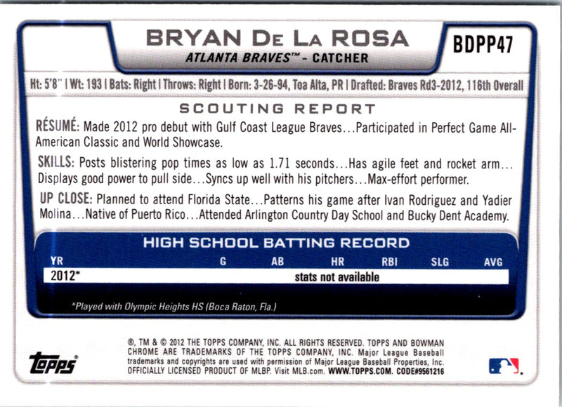 2012 Bowman Draft Picks & Prospects Chrome Bryan De La Rosa