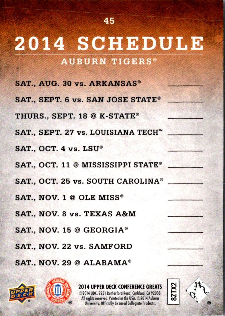 2014 Upper Deck Conference Greats Auburn Team Schedule