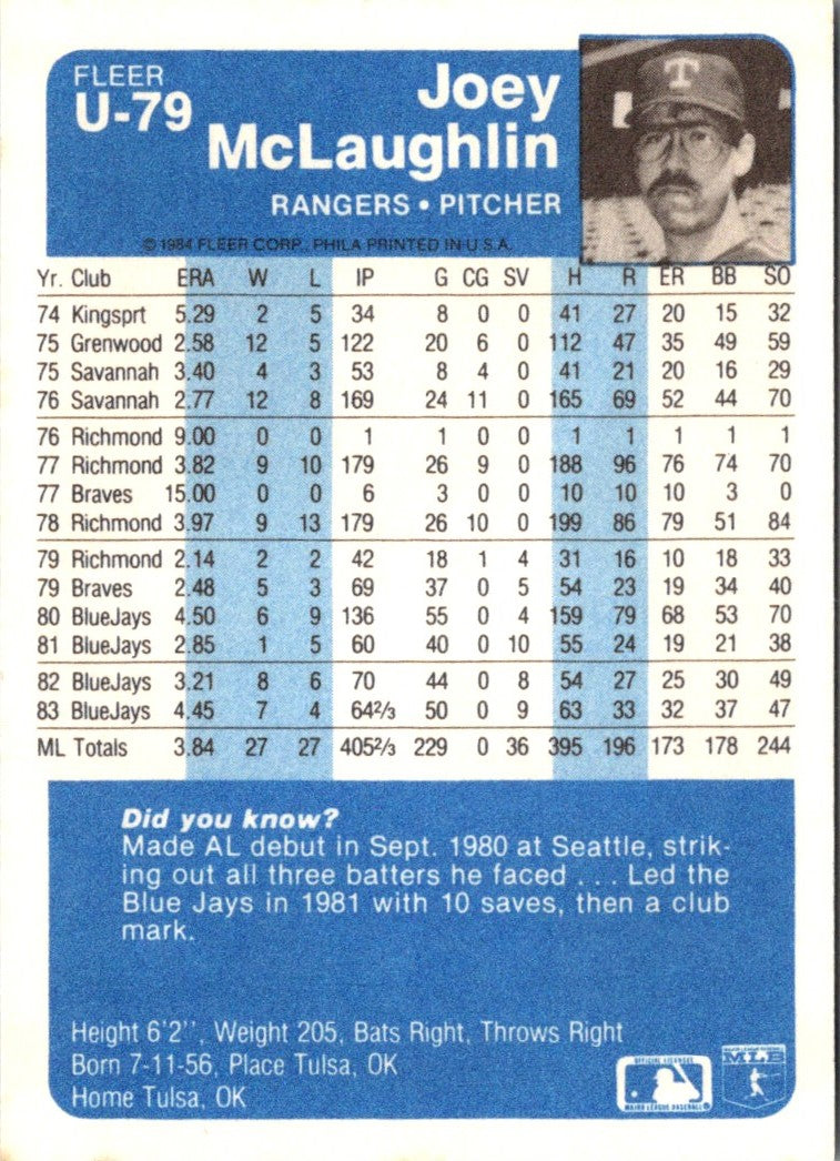 1984 Fleer Update Joey McLaughlin