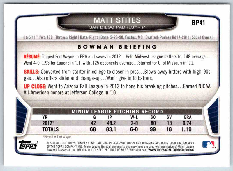 2013 Bowman Matt Stites