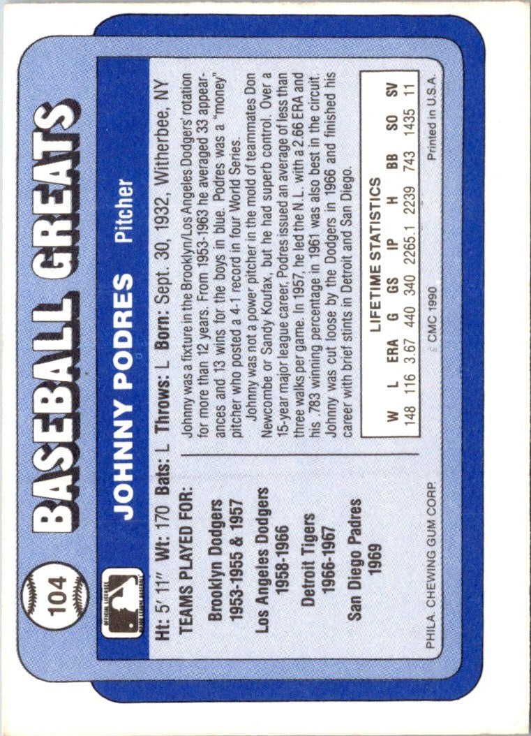 1990 Swell Baseball Greats Johnny Podres