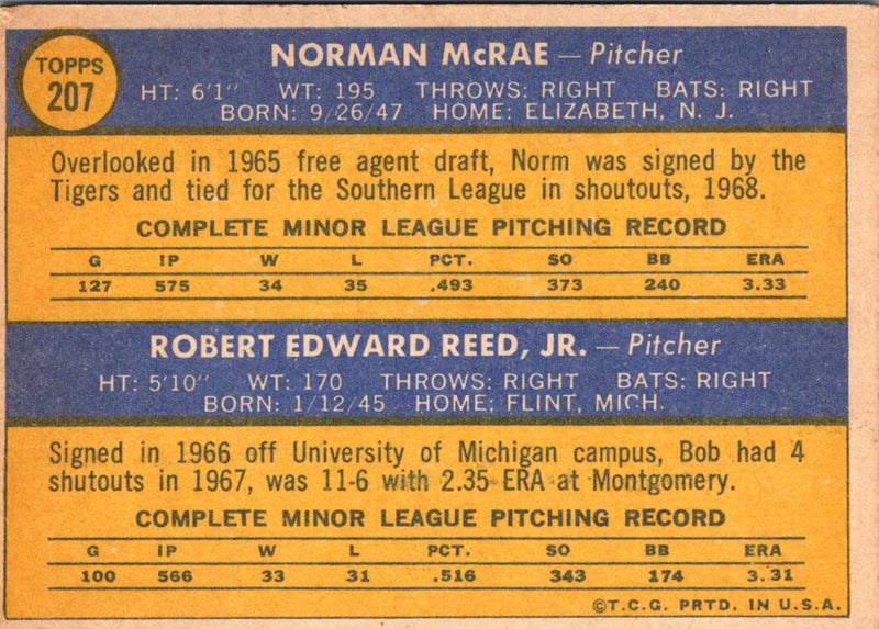 1970 Topps Tigers 1970 Rookie Stars - Norm McRae/Bob Reed