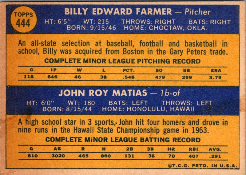 1970 Topps White Sox 1970 Rookie Stars - Billy Farmer/John Matias