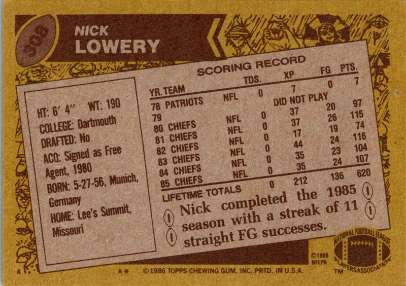 1986 Topps Nick Lowery