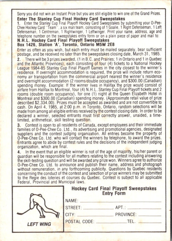 1984 O-Pee-Chee Centreman #NNO