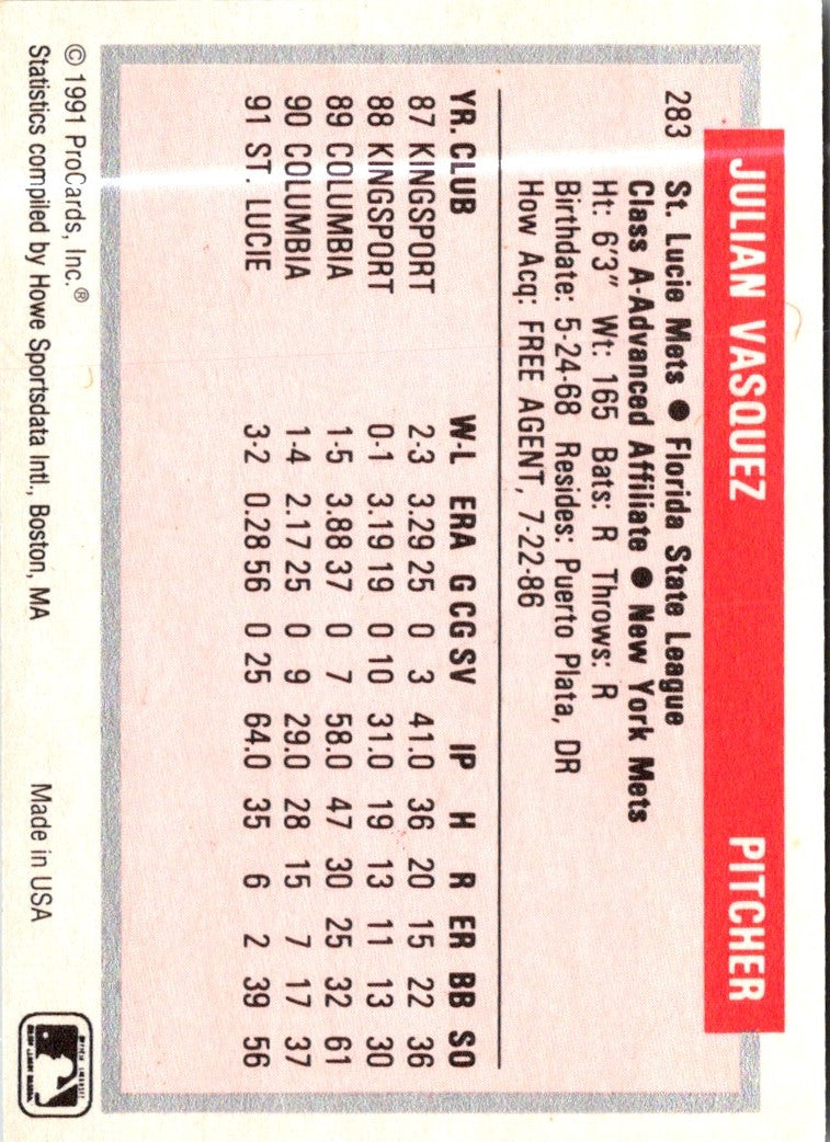 1991 ProCards Tomorrow's Heroes Julian Vasquez