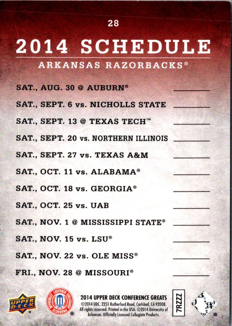 2014 Upper Deck Conference Greats Arkansas Team Schedule